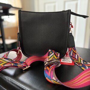 NWT:Montana West Small black bag; reversible/adjustable multi-color fabric strap